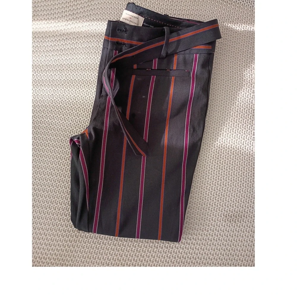 Anthropologie The Essential Slim Striped Pants‎ Burgundy Black Womens Size 10